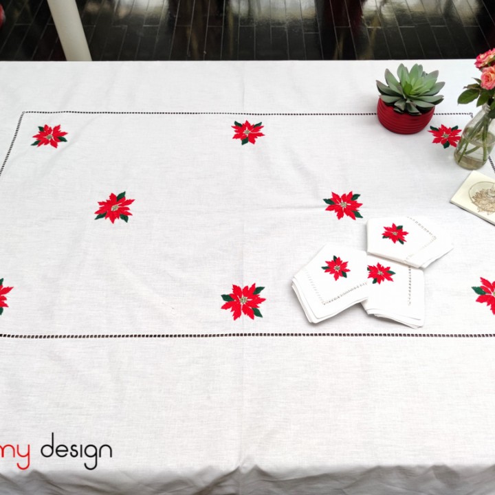 Christmas rectangle table cloth included with 12 napkins- Red flower embroidery (size 250x150 cm)